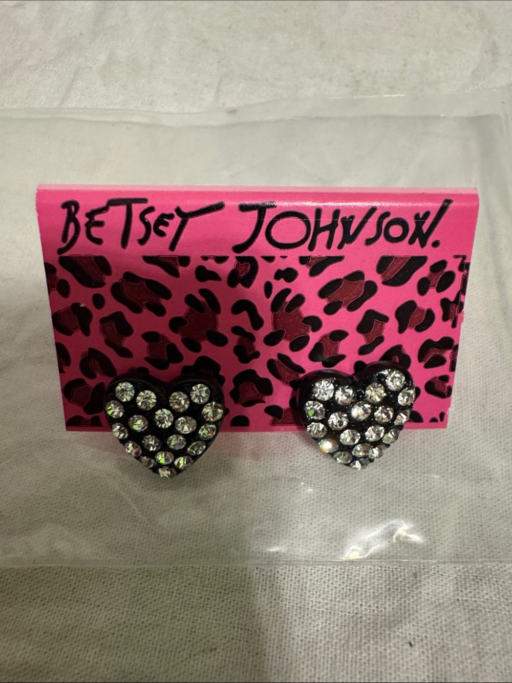 Betsey Johnson Black Heart Crystal Stud Earrings